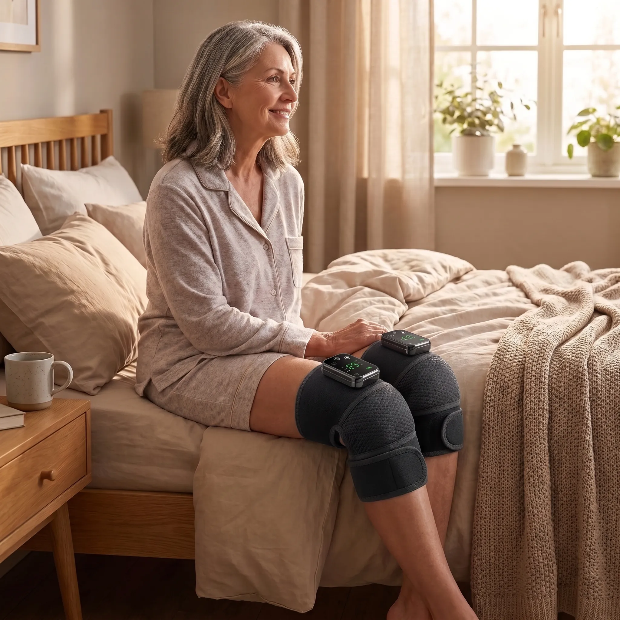 Woman relaxing with two RecoverWave wraps on her knees
