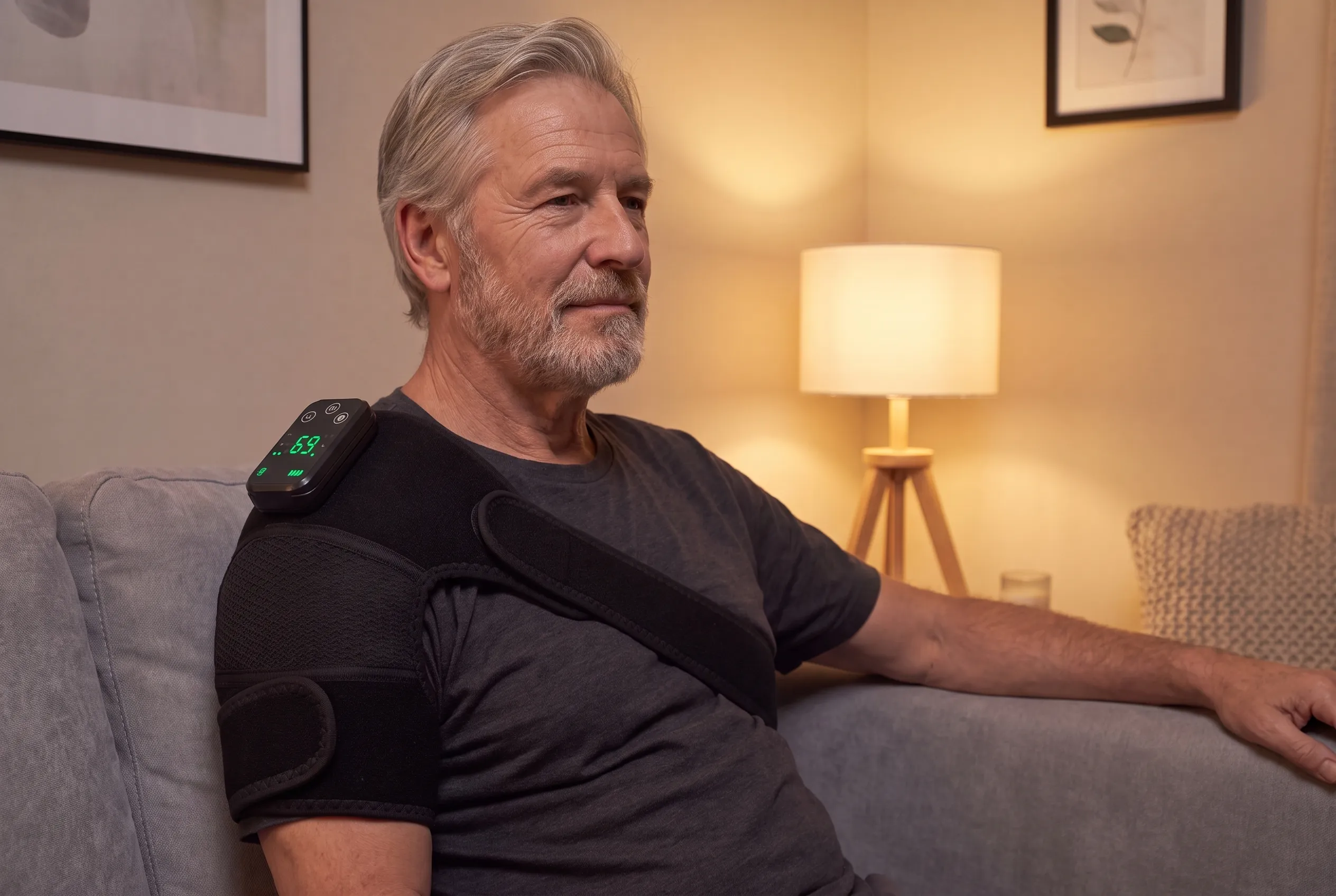 RecoverWave wrap worn over a shoulder with the strap across the chest